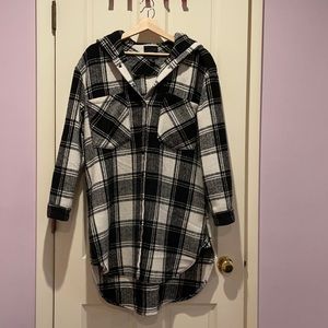 Forever21 long black and white plaid coat with hat